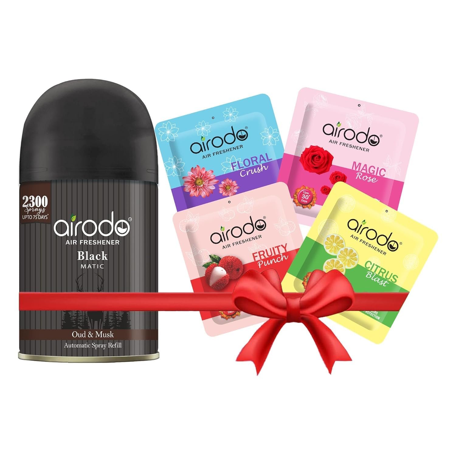 Premium Airodo Automatic Air Freshener Automizer Refill (Oud & Musk 235ml) + Pocket Gel Mix - 40g (Assorted pack of 4 new fragrances)| For Home & Office | Long Lasting Fragrance | Enhanced For