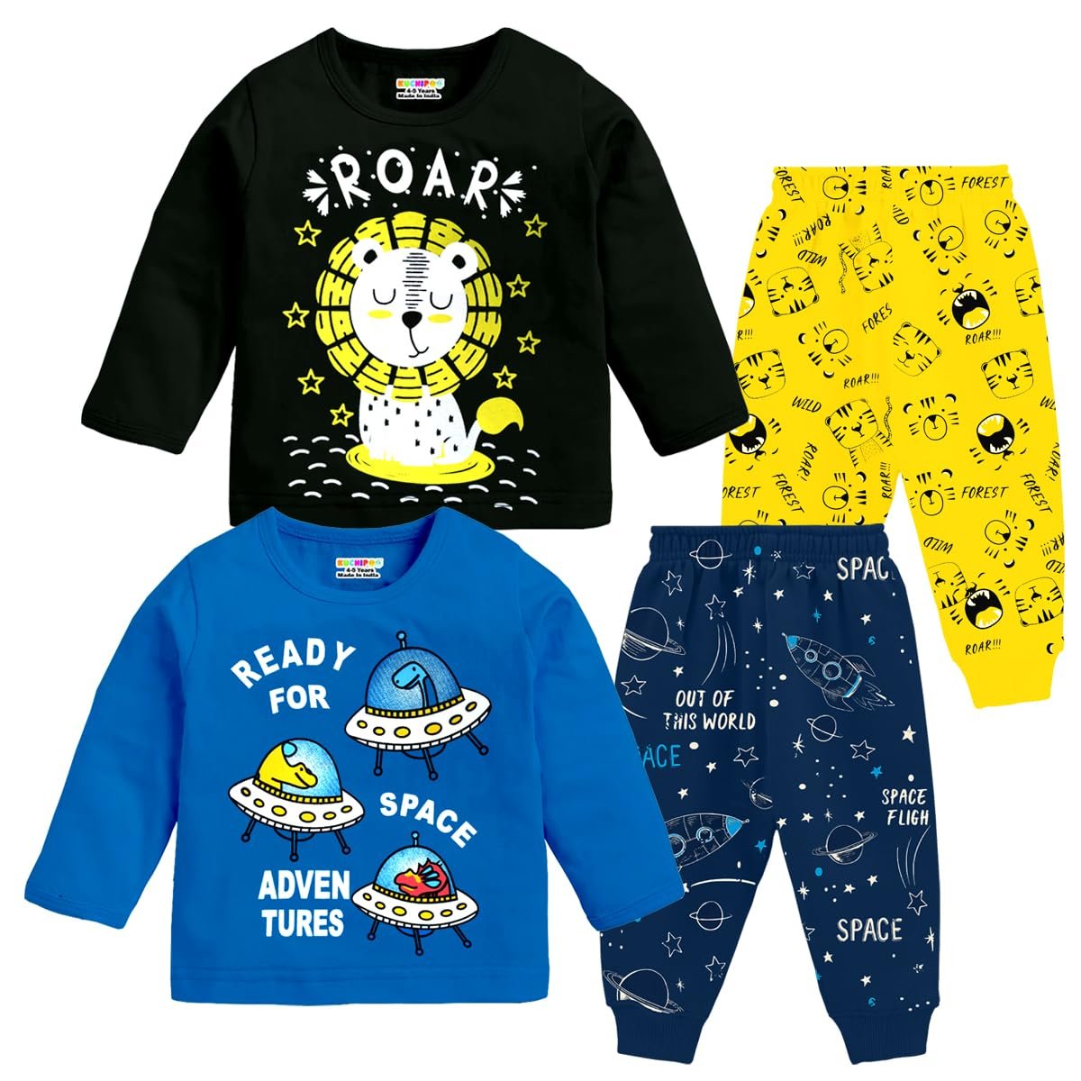 Kuchipoo Kids Regular Fit Cotton T-Shirts and Pyjamas Set