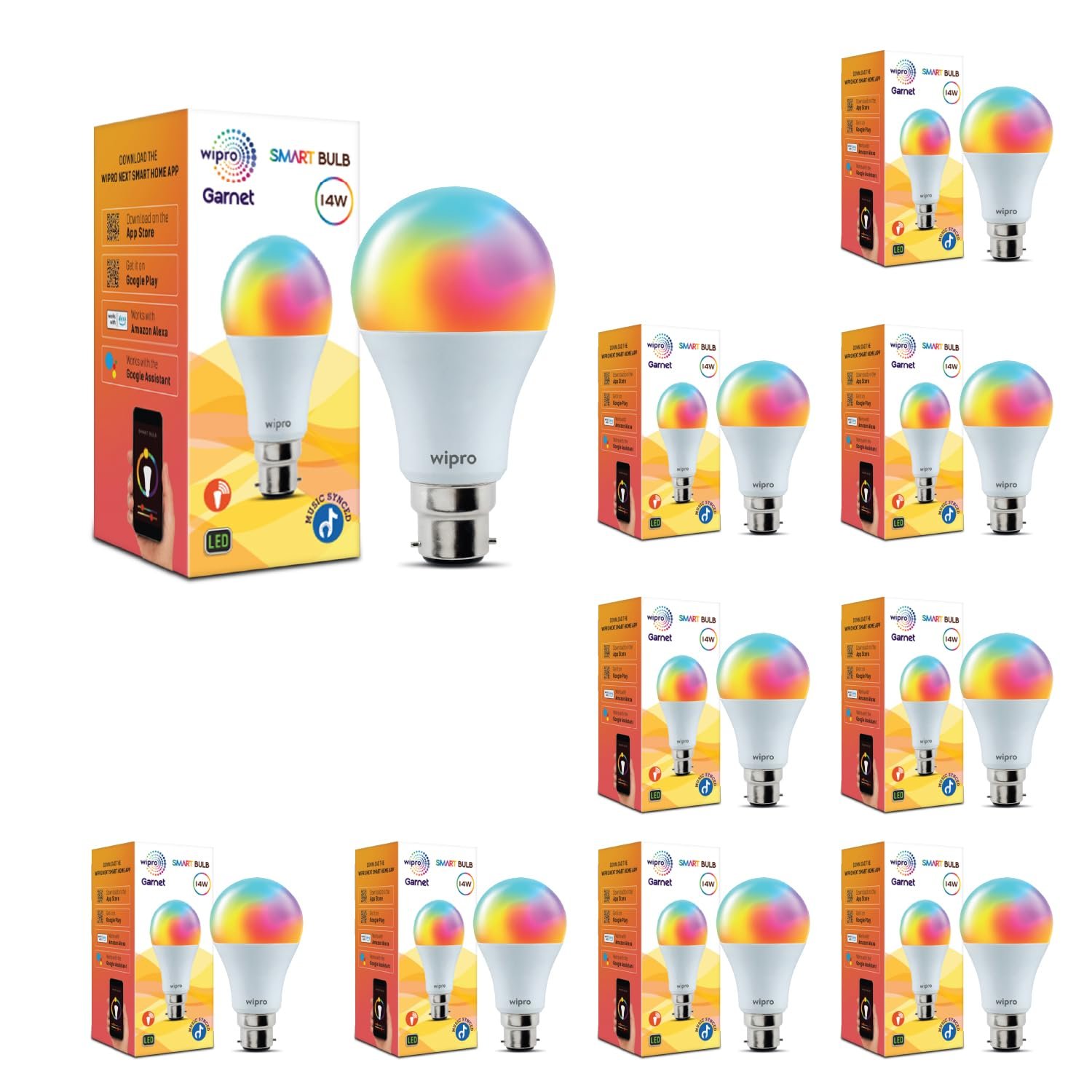 wipro 14 Watt B22 WiFi Smart LED Bulb with Music Sync | 16M Colours & Shades of White | App Control | Compatible with Amazon Alexa and Google Assistant | Ideal for Living Room & Bedroom | Pack