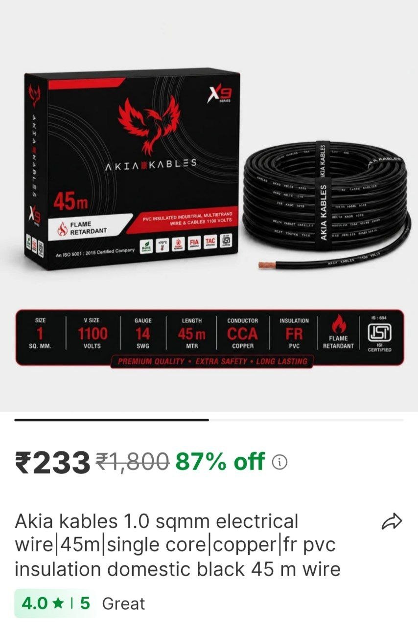 akia kables 1 0 sqmm electrical wire 45m single core copper fr pvc insulation domestic black 45 m wi