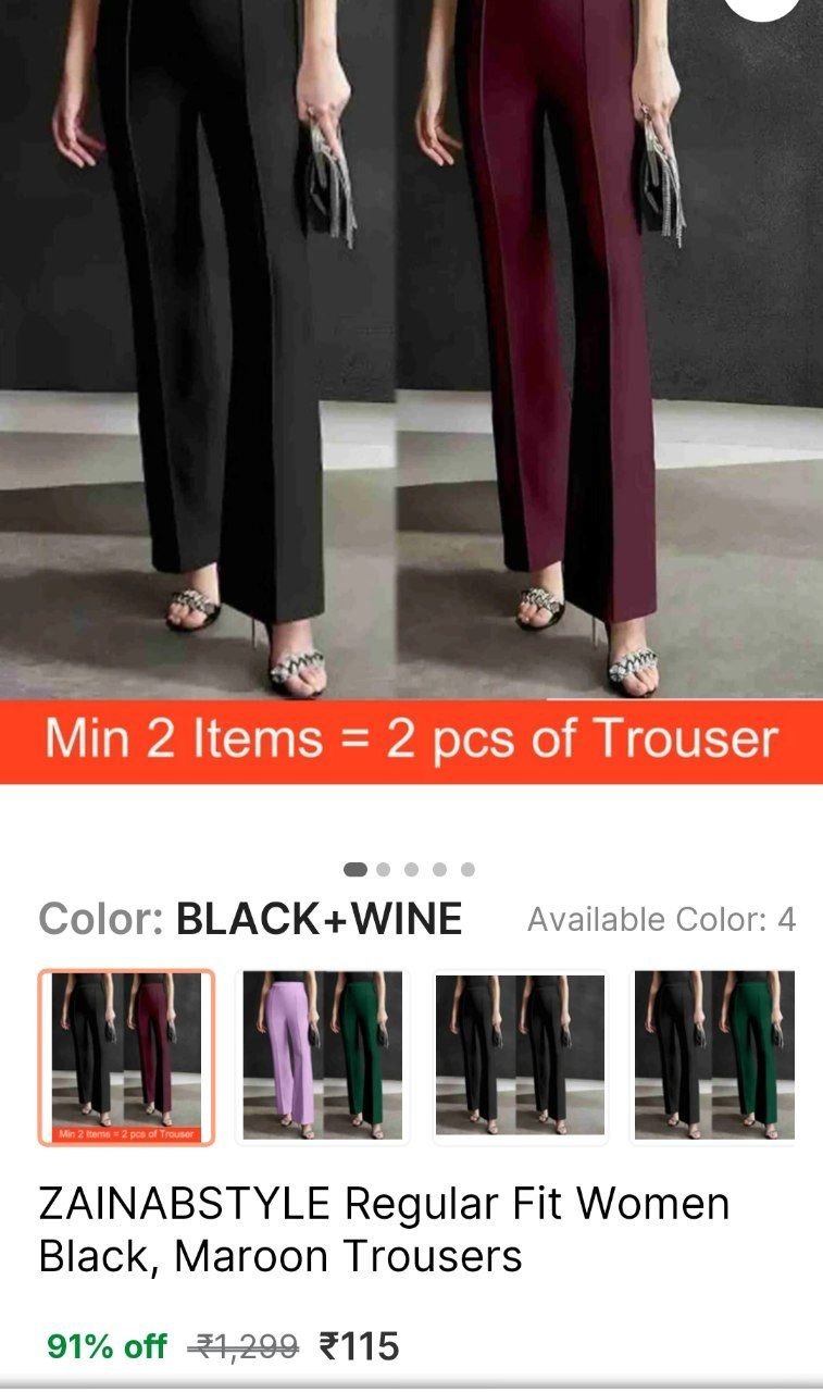 zainabstyle regular fit women black maroon trousers
