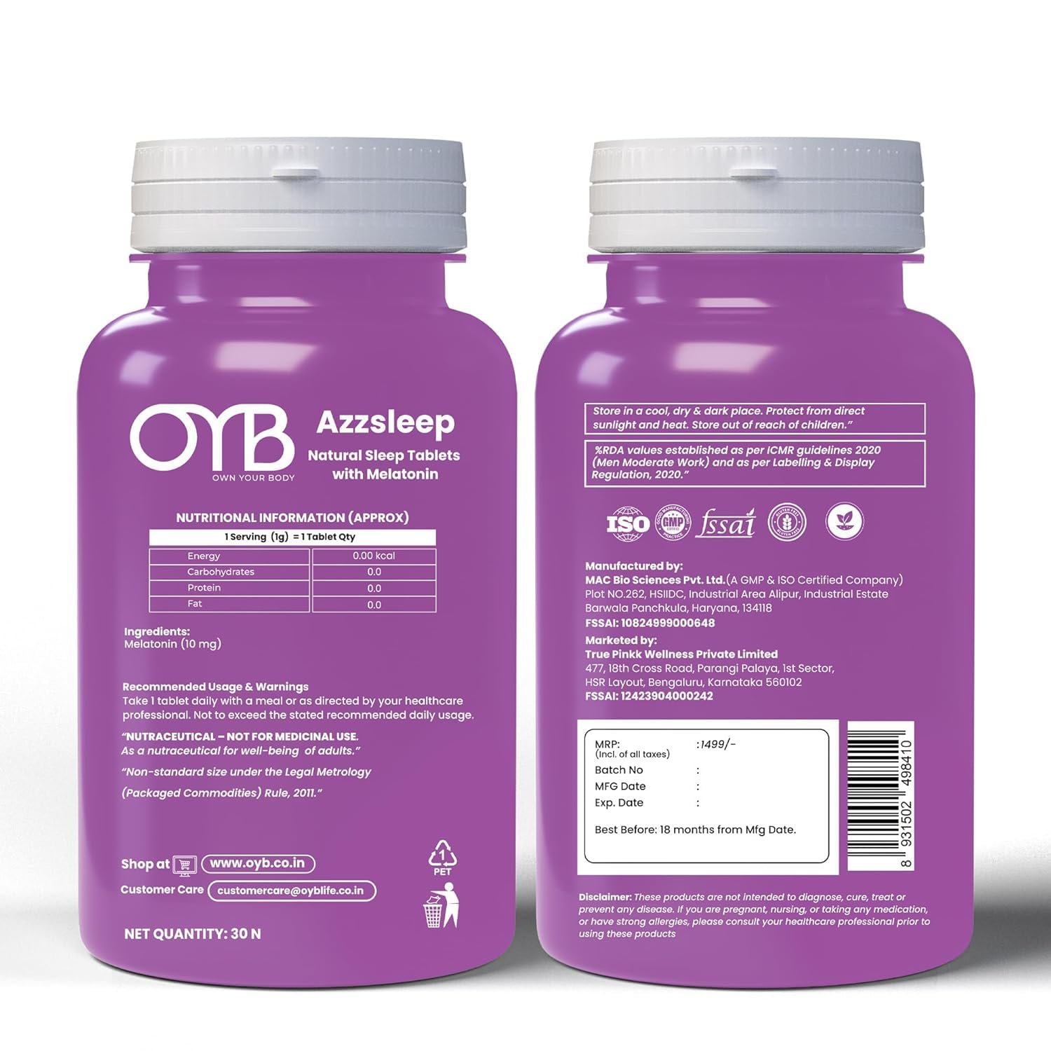 OYB Melatonin 10mg Sleep Supplement | Plant-Based Melatonin Capsules for Deep Sleep & Restful Nights | Supports Healthy Sleep Cycle, Relaxation & Better Sleep for Men & Women | 30 Capsules