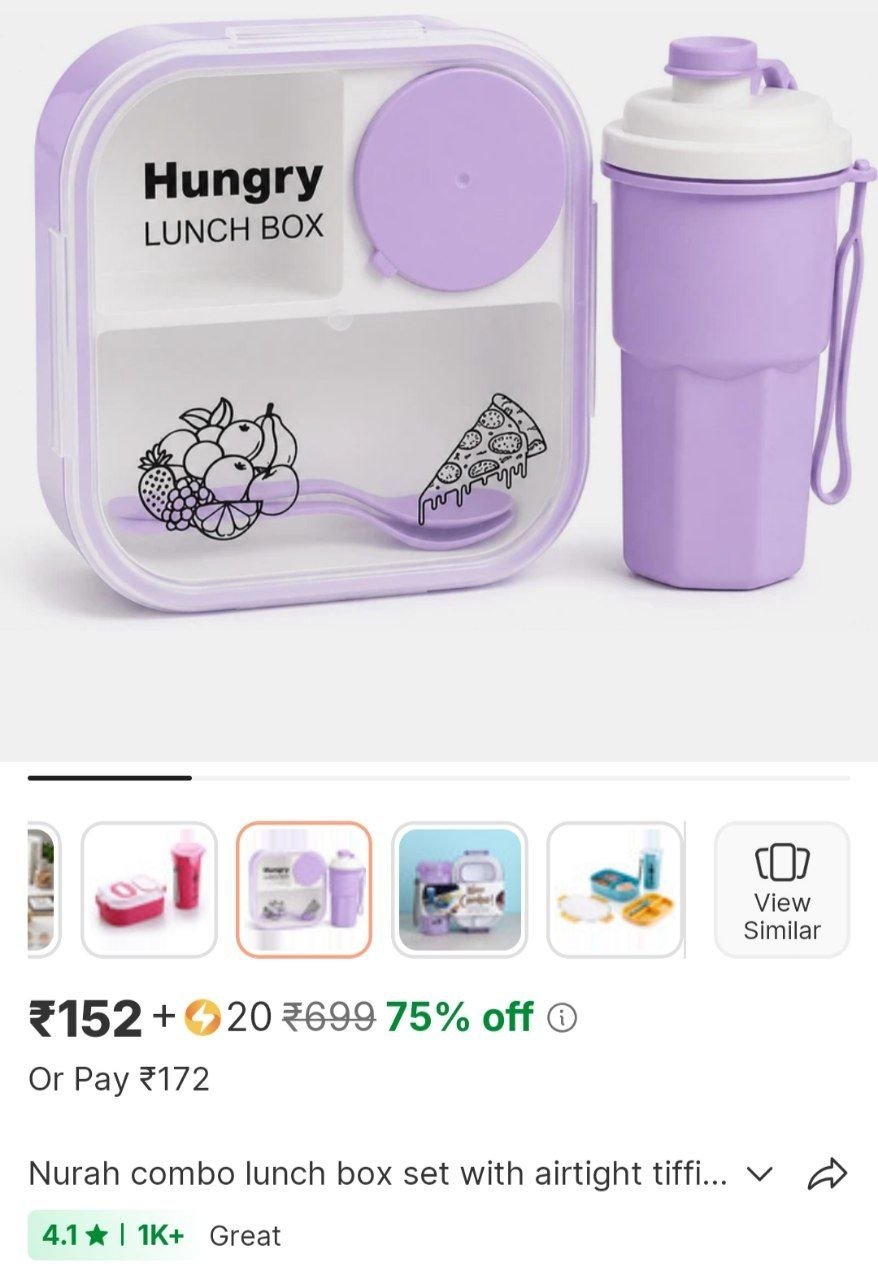 nurah combo lunch box set with airtight tiffin box leakproof bottle for kids purple 3 containers pla