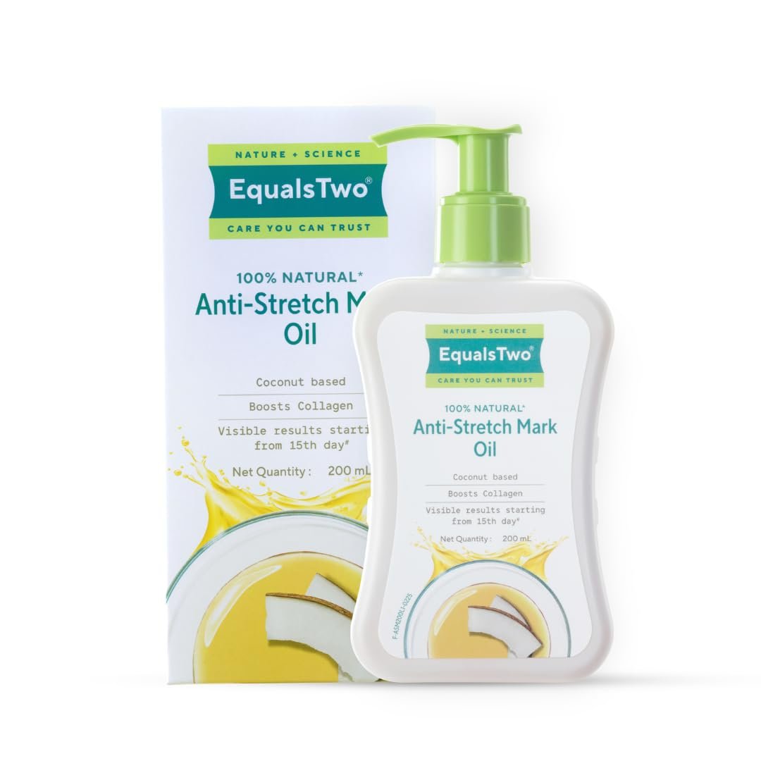 EQUALSTWO by Zydus Anti Stretch Mark Oil, 200ml, 100% Natural Stretch Marks Oil for Pregnancy, Enriched with Flex Seeds & Oat Oil to Lighten Scars, Dermatologically Tested, No Paraben No Sulphate 