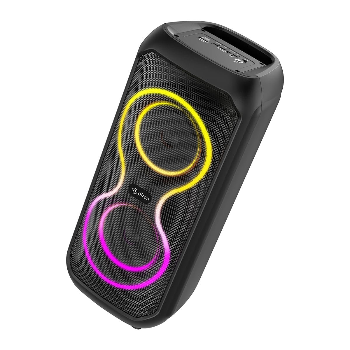pTron Fusion ONE 48W Bluetooth Party Speaker w/Pristine Stereo Sound, Dual 4 inch Neo Drivers, Rhythmic RGB Lights, 6Hrs Playtime, BT5.3/Aux/TF Card/USB Playback Modes, Type-C Charging (Jet Black)