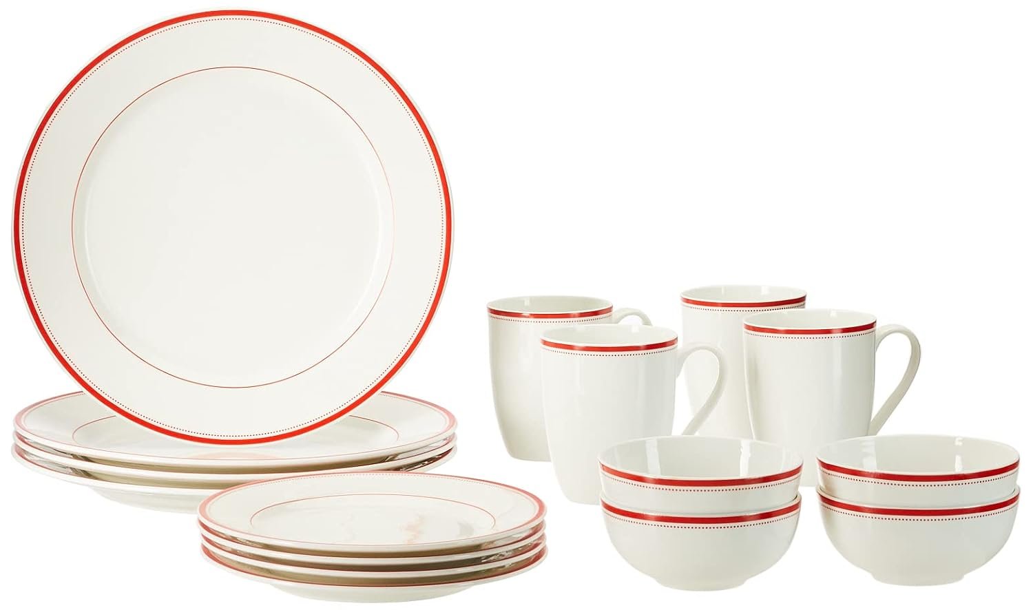 Amazon Brand - Solimo Ceramic 16 Piece Solid Dinner Set | 4 Dinner Plates, 4 Quarter Plates, 4 Mugs & 4 Small Bowls | Red Strip Design