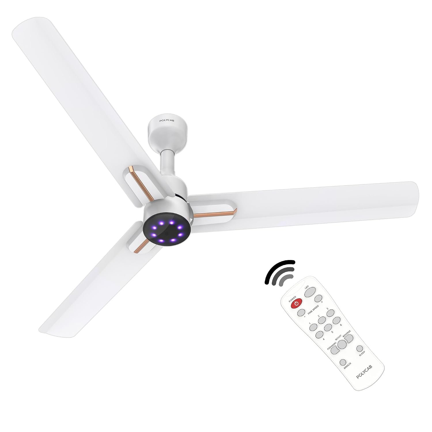 Polycab Wizzy Neo LED 1200mm BLDC Ceiling Fan with remote| BEE 5 Star Rated, Higher Air Delivery| LED Indicator,Sleep and Breeze Mode |3 Years Warranty【Matt White Rosegold】