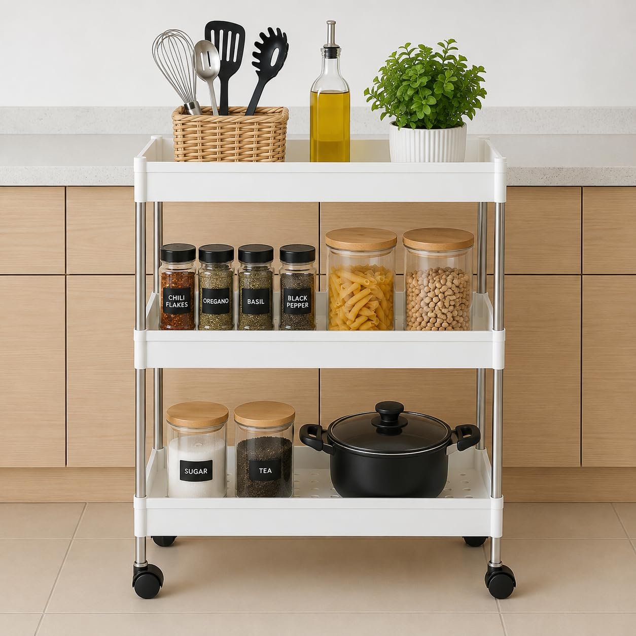 Cortina Heavy Duty Plastic Storage 3 TierShelves for Home Kitchen Garage Bathroom | Multipurpose Tiered Rack Organizer with Wheels | Strong Load-Bearing Modular Storage Unit | 46x18x85.9