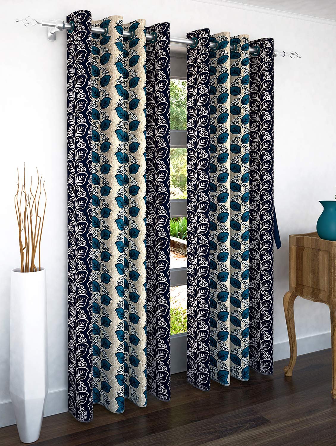 Story@Home Polyester Floral Pattern Door Curtains 7 Feet Long Set of 2 for Living Room Bedroom, Blue
