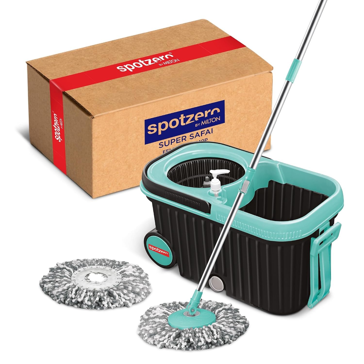 Spotzero By Milton Eelite Spin Mop I 2-in-1 Mop Bucket for Cleaning & Drying I 360° Spin Mechanism I High Absorbent Microfiber Refills I Big Wheels & Drag Handle for Easy Movement I Black
