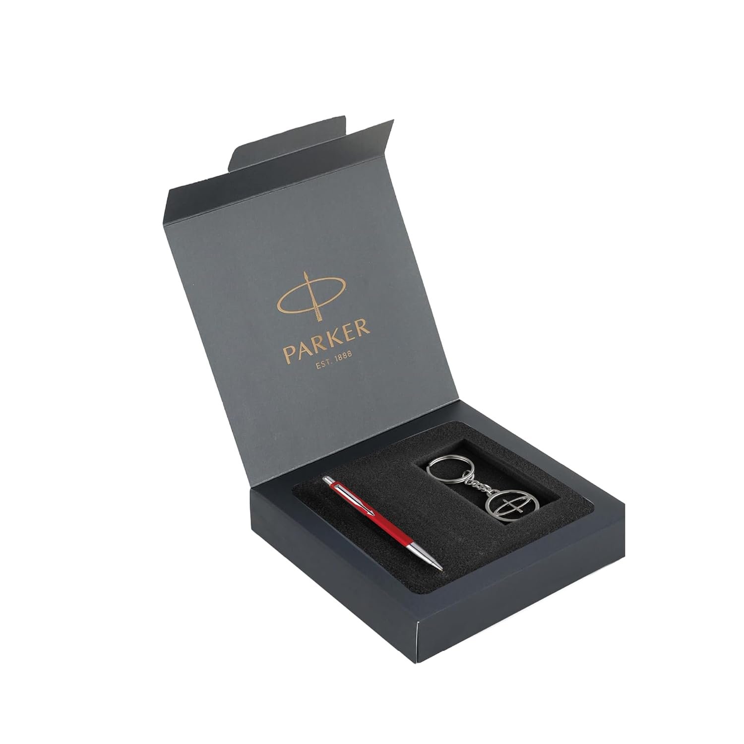 Parker Vector Standard Chrome Trim Ball Pen and Silver Key Chain, Red Body, Blue Ink, Fine Point – Gift Set for Professionals, Executives, and Students