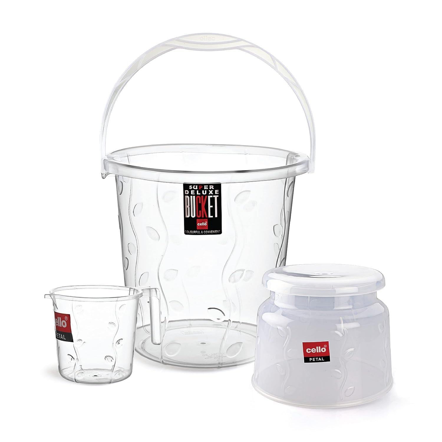 Cello Petal Bathroom Accessory Combo Set of 3, Transparent (20L Bucket, 1.5L Mug & 23cm Tall Stool) | Durable, Stylish & Modern Design | Plastic Bath Combo Set for Modular Bathroom