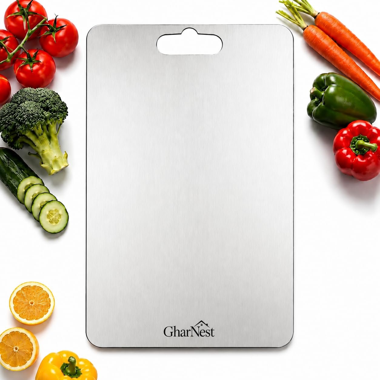 GharNestStainless Steel Cutting Board with Handle, 32 x 21.5 cm, Scratch Resistant, Anti-Slip, Hygienic for Vegetables, Fruits & Meat (Medium)