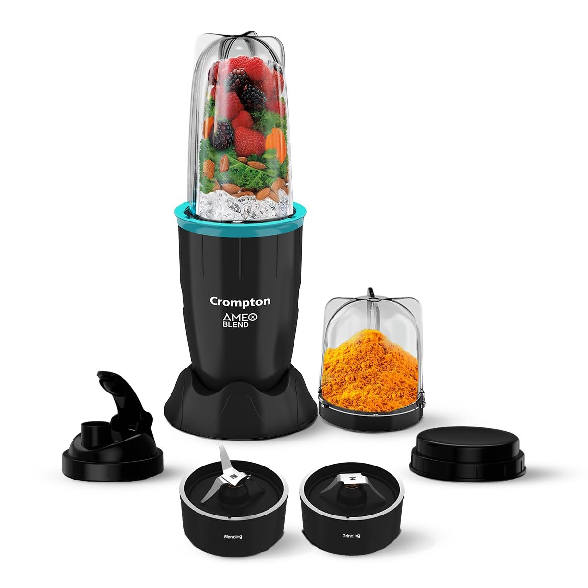 Crompton Ameo Blend | Nutri blender | Smoothie Maker | Mixer Grinder | 400 watts powerful motor | 2 Food grade jars | Sipper Cap | Storage lid | 2 years warranty | Black & Sea Green Color