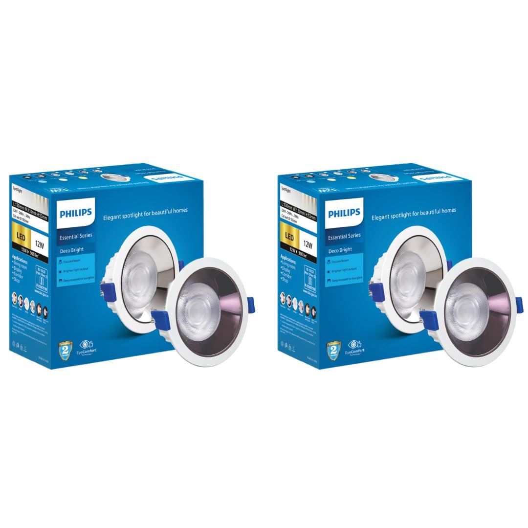 PHILIPS 12 Watt Black Reflector LED Ceiling COB Round Spot Light with Focused Beam | Cut Out: 102mm | Warm White, Pack of 2 (Deco Bright)