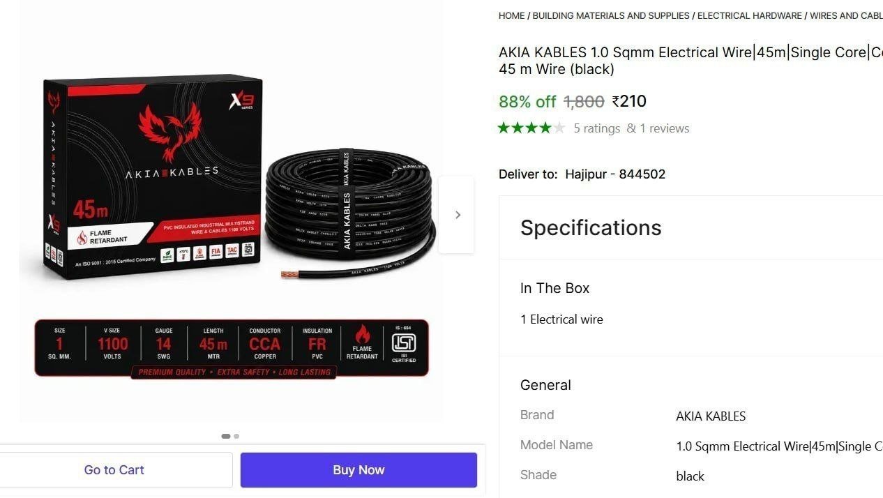 akia kables 1 0 sqmm electrical wire 45m single core copper fr pvc insulation domestic black 45 m wi