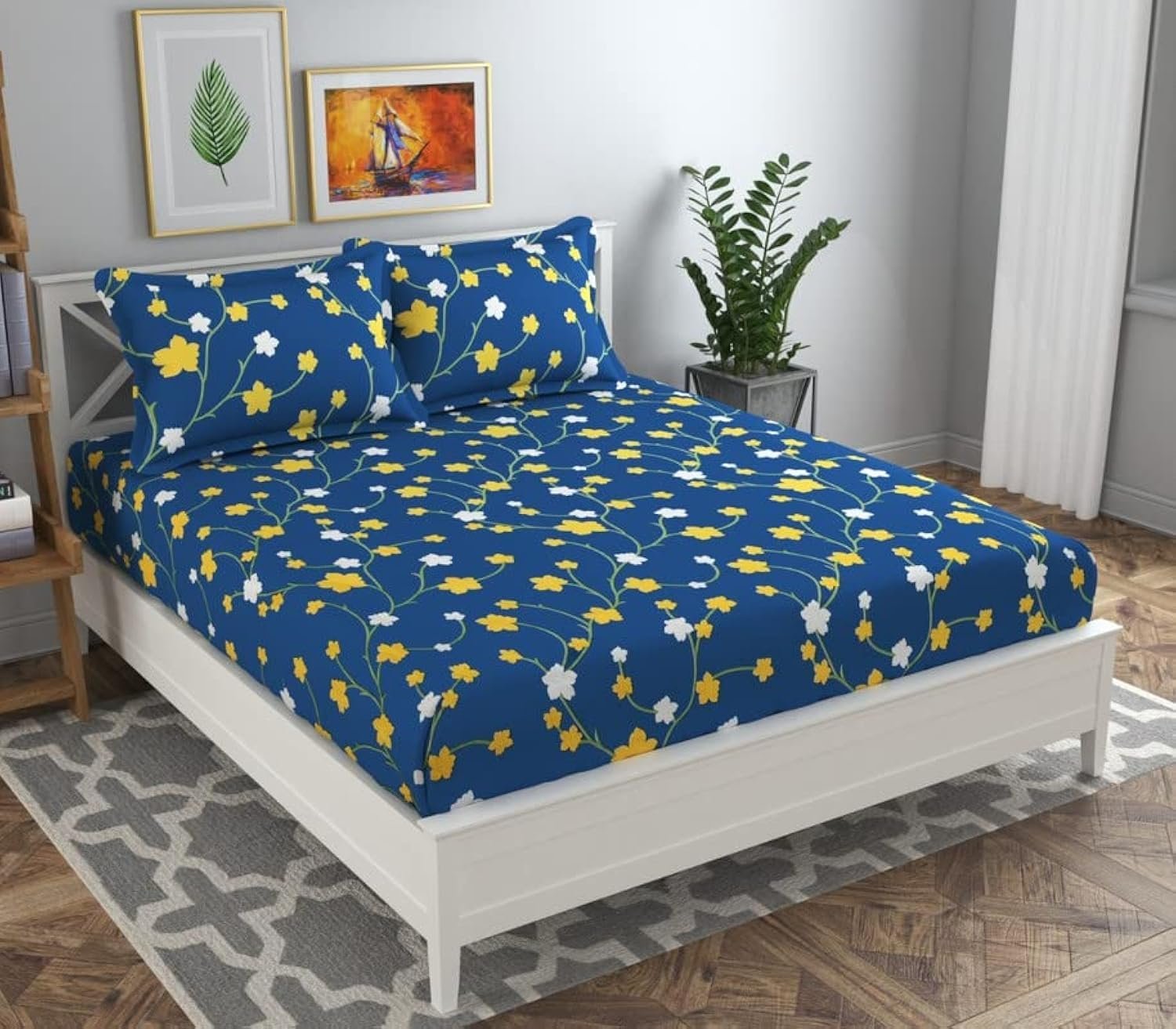 BSB Home 120 Tc Double Floral Printed Bedsheet with 2 Pillow Covers | 110 GSM Soft Brushed Microfiber - Breathable & Wrinkle Free - (86 X 88 Inch, Dark Blue & Yellow & White), 144 Tc