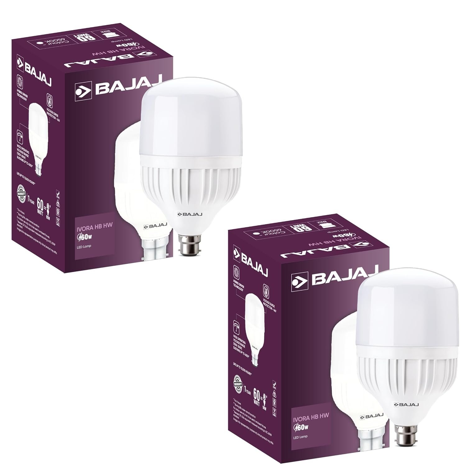 Bajaj Ivora Hb Hw Led Lamp 60W Cdl B22 | Energy Efficient | Instant On | 4 Kv Surge Protection | Led Bulb For Home, Pack of 2