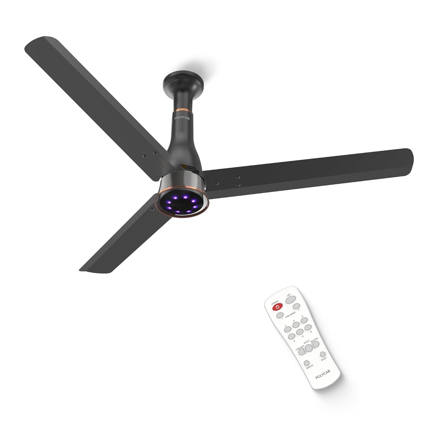 Polycab Wizzy Prime 1200mm BLDC Ceiling Fan with remote |BEE 5 Star Rated, Higher Air Delivery|LED Indicator,Reverse,Boost,Sleep and Breeze Mode |3 Years Warranty,Free Installation 【Matt Black】