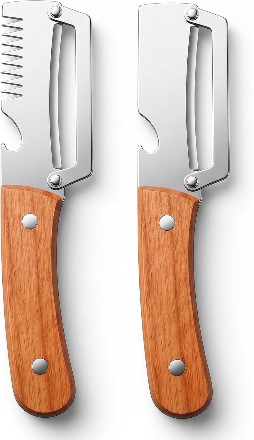 2-Piece 3-in-1 Multifunctional Vegetable Peeler Set, Stainless Steel Blade with Ergonomic Wooden Handle, Potato & Fruit Peeler, Scallion Shredder and Built-in Bottle Opener Kitchen Tool