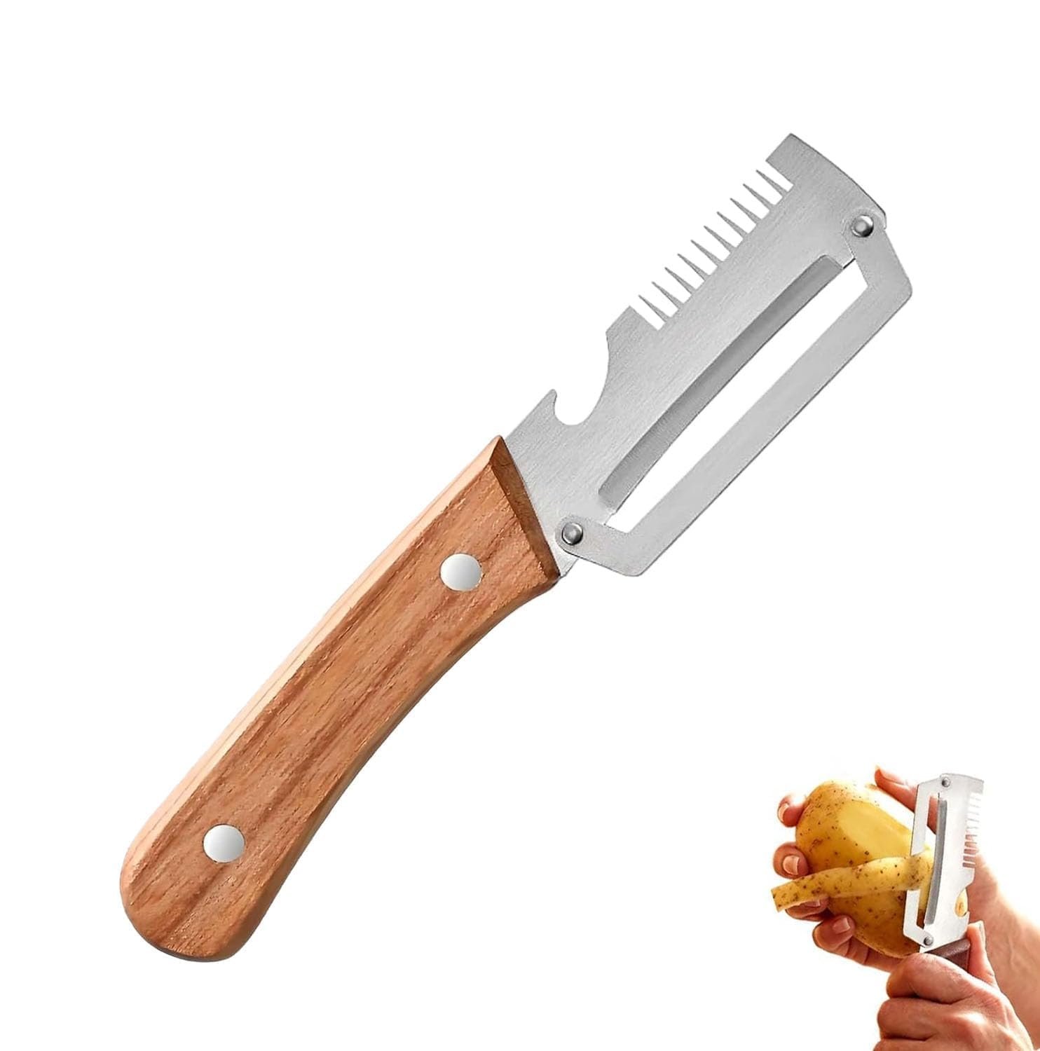 3-in-1 Stainless Steel Vegetable Peeler with Wooden Handle – Double Blade for Smooth Peeling, Julienne Cutter for Fine Strips, Built-in Bottle Opener – Silver, Size, 200 Capacity, 150 W
