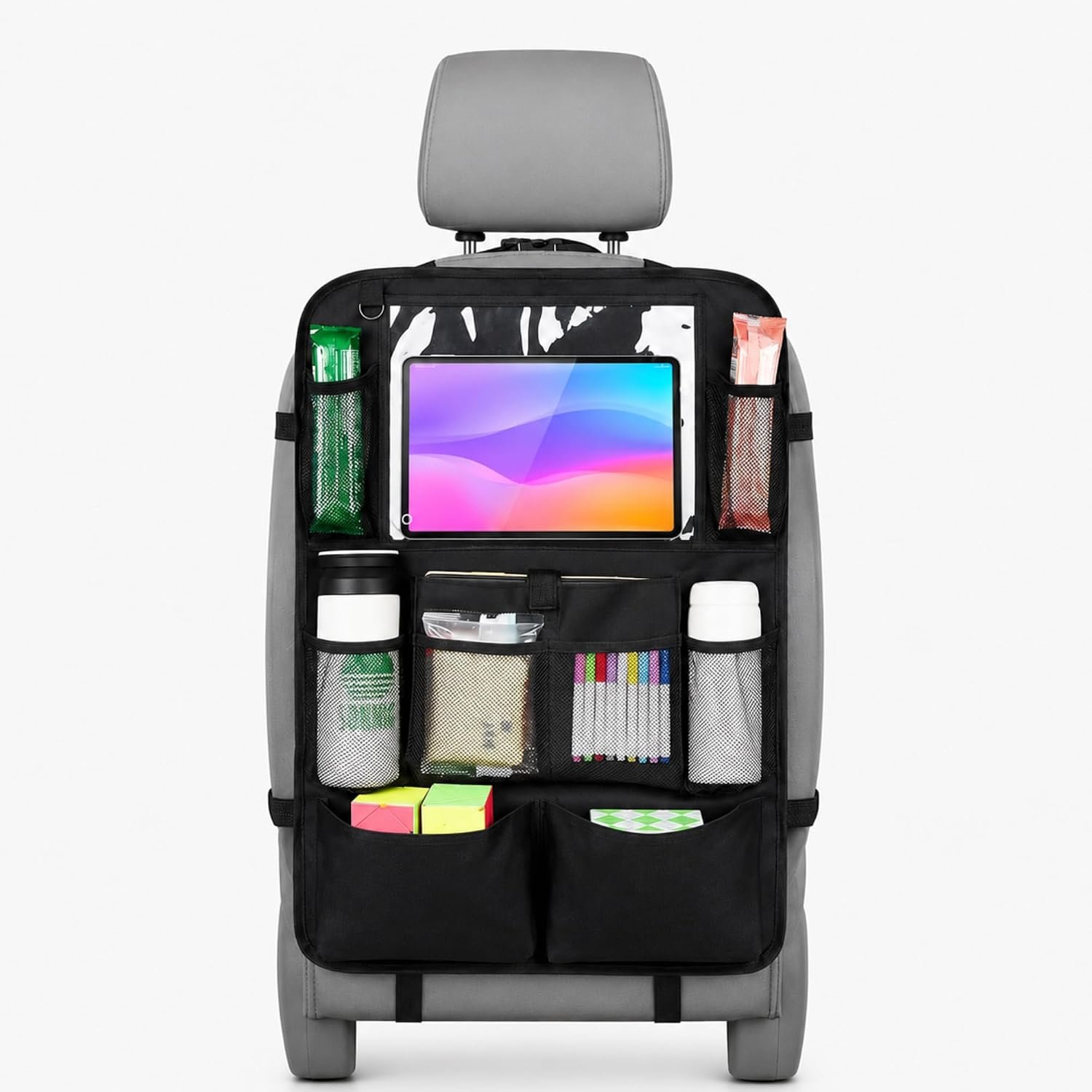 Car Backseat & Boot Organizer – 10 Storage Pockets + Dedicated Touch‑Screen Tablet Pocket, Seat‑Back Protectors for Toys, Drinks, Snacks & Car Accessories, Universal Fit, 1 pcs