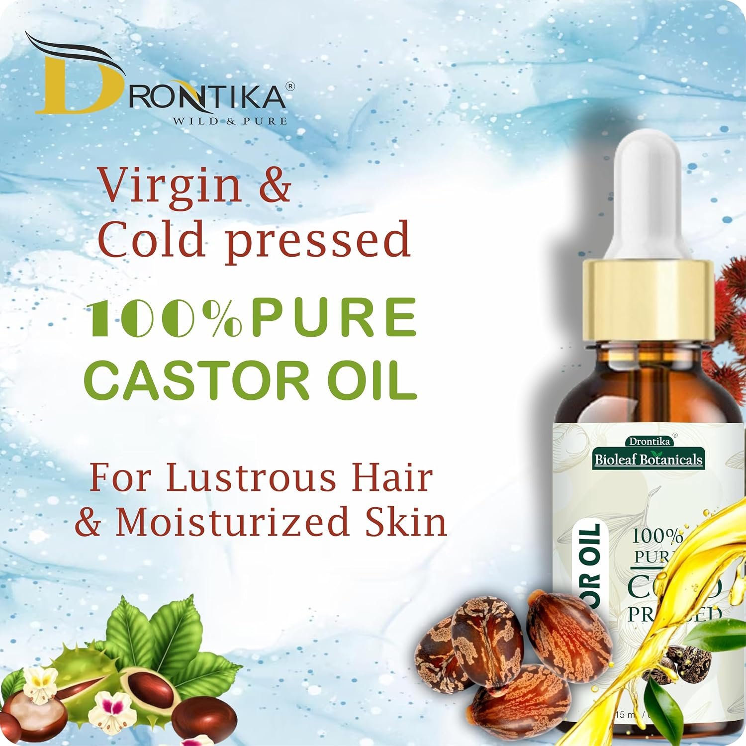 Bio Leaf Botanicals Castor Oil,30 Ml|100% Pure,Virgin,Cold Pressed&Certified Organic Carrier Oil|Boost Hair Growth For Thicker,Fuller&Stronger Hair|100% Natural For Eyebrows&Eyelashes Grow