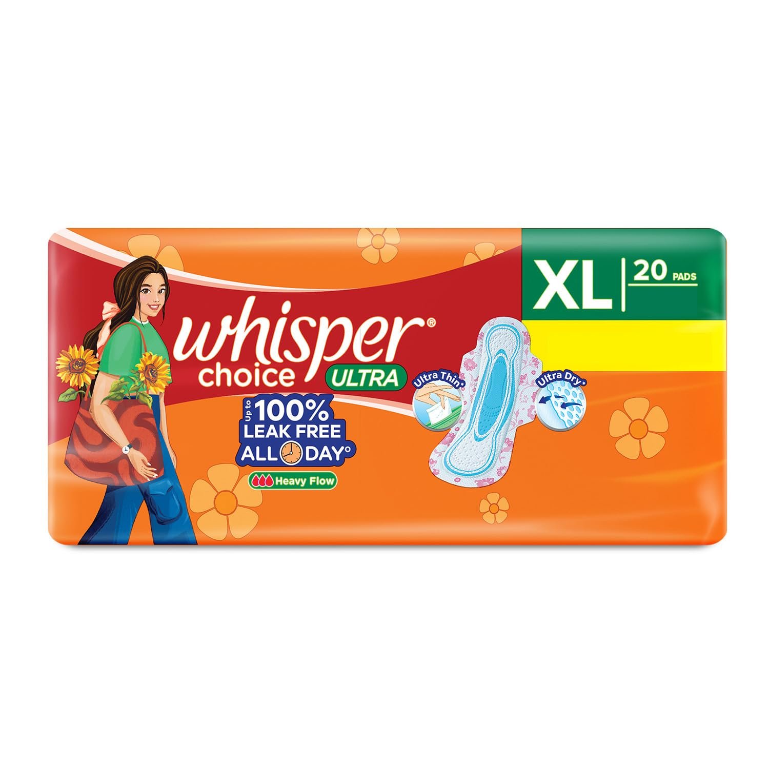 Whisper Choice Ultra Sanitary Pads for Women, XL 20 Napkins