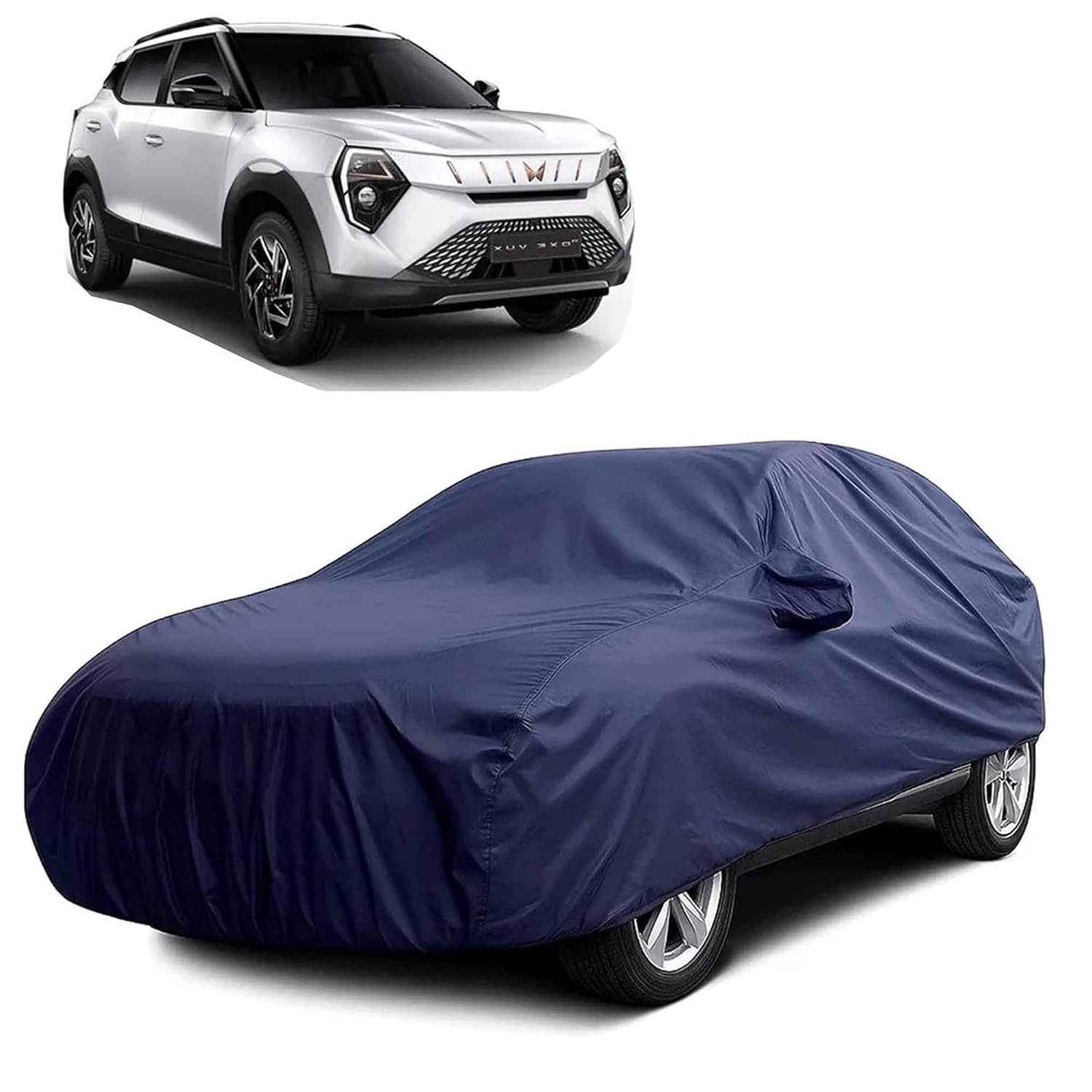 Sulfar 100% Water Resistant Car Body Cover Compatible with Mirror for Mahindra XUV 3XO EV (Triple Stitched, Full Bottom Elastic, Navy Blue)