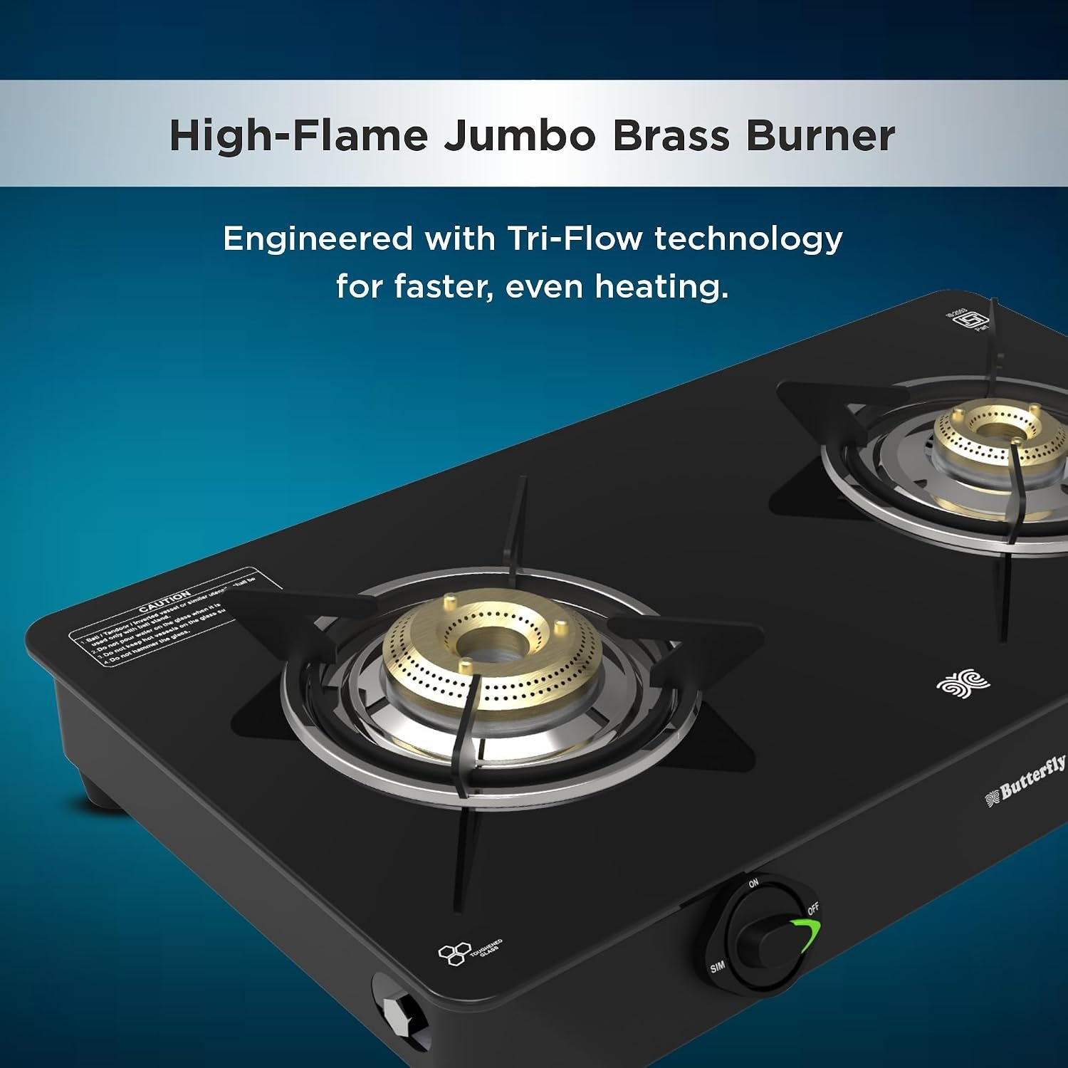 Butterfly Bleu Ray 2 Burner Glass Top Gas Stove | Removable Drip Tray | Brass Burner Gas Stove with Tri‑Flow Jumbo Burner
