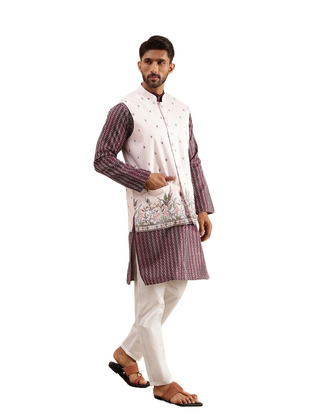 SOJANYA Men's Silk Blend Wine Kurta & White Pyjama With Daman Embroidered Nehru Jacket