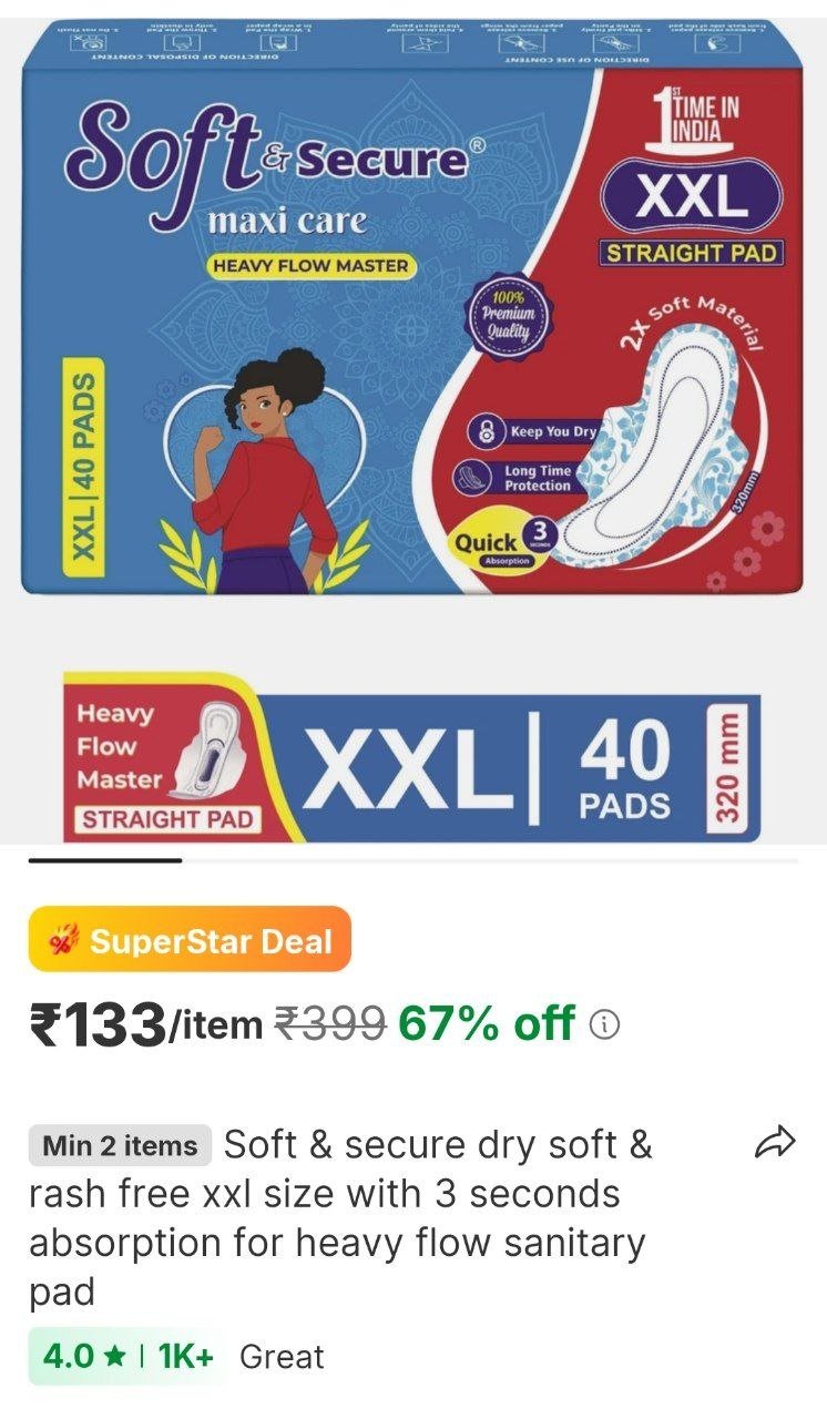 soft secure dry soft rash free xxl size with 3 seconds absorption for heavy flow sanitary pad