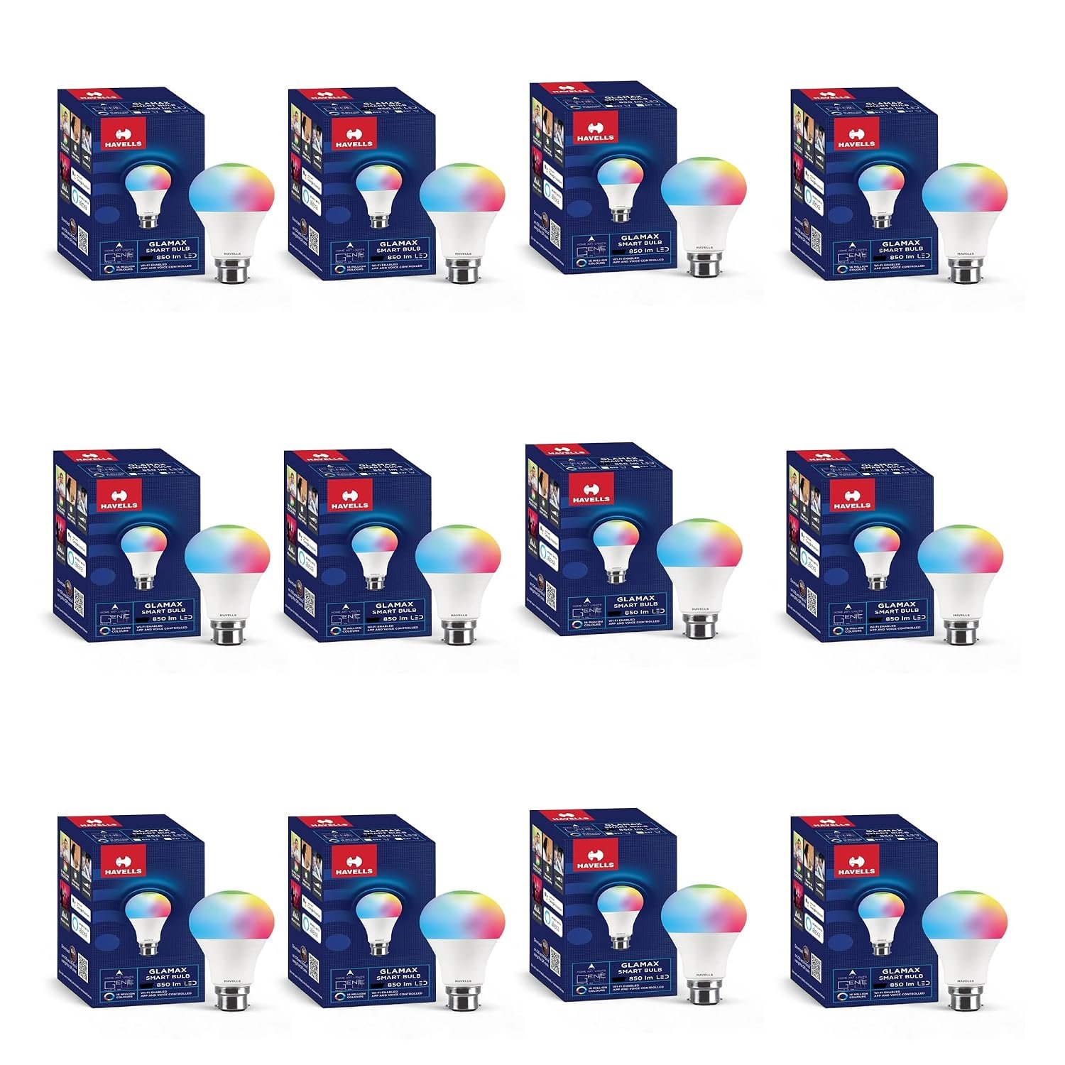 Havells Glamax 12W B22 WiFi LED Smart Bulb with Music Sync Function, Compatible with Amazon Alexa and Google Assistant (16M Colours) (Pack of 12)