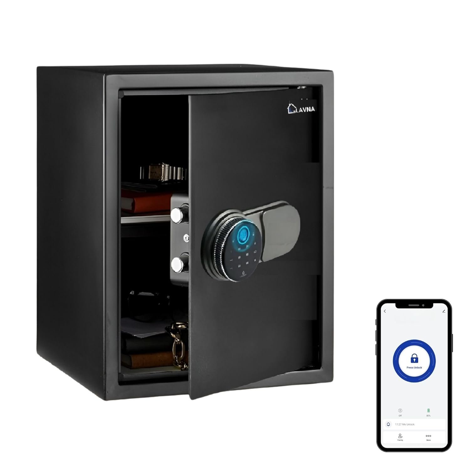 LAVNA Digital Safe Locker | 5 way access | Fingerprint, Mobile app, PIN, OTP & Key Access | 304 Grade SS bolts suitable for Jewellery, Cash, Document & other valuable of Home Office Tijori (Gr