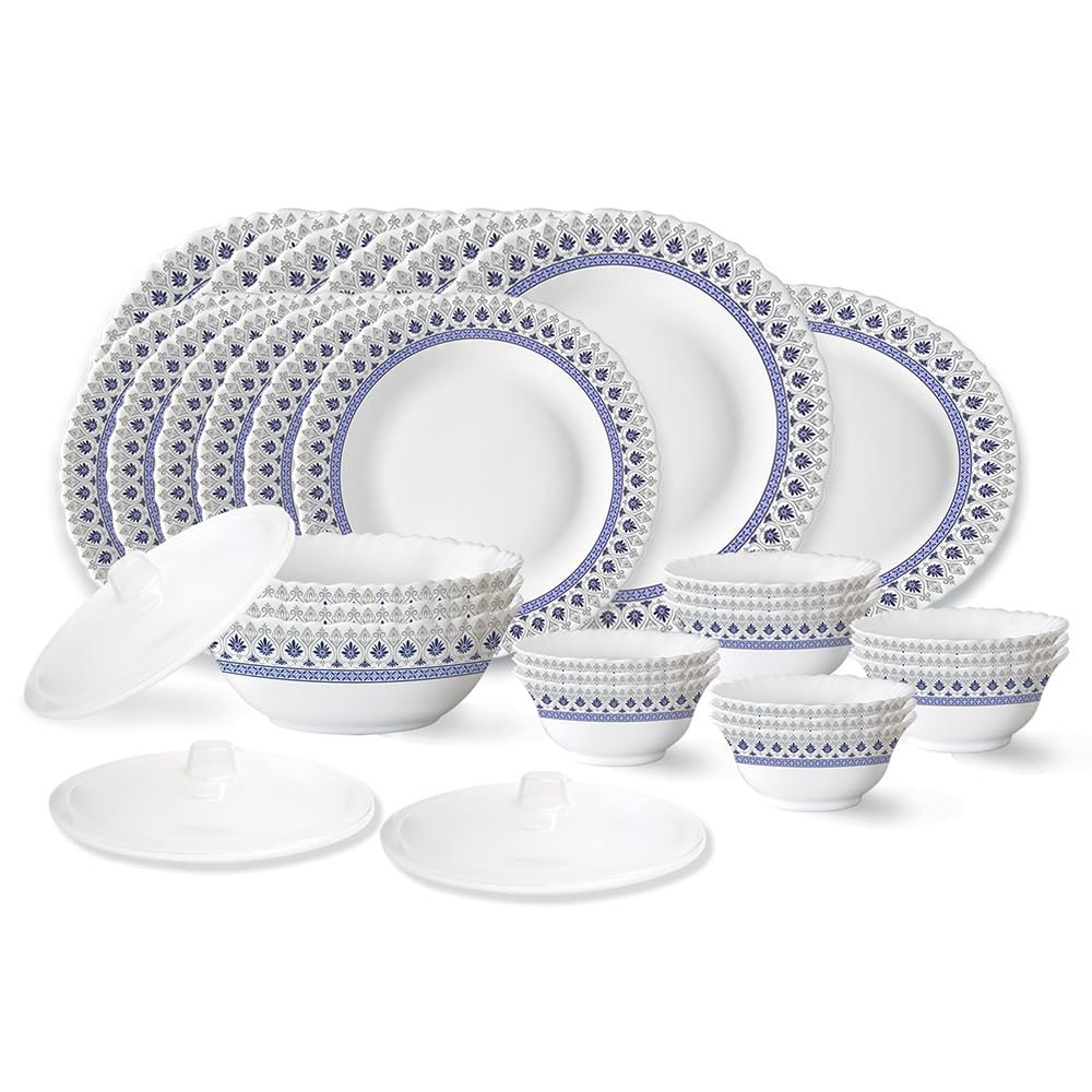 Larah by Borosil Ocean Fluted Series Opalware Dinner Set | 31 Pieces for Family of 6 | Microwave & Dishwasher Safe | Bone-Ash Free | Crockery Set for Dining & Gifting | Plates & Bowls | Wh