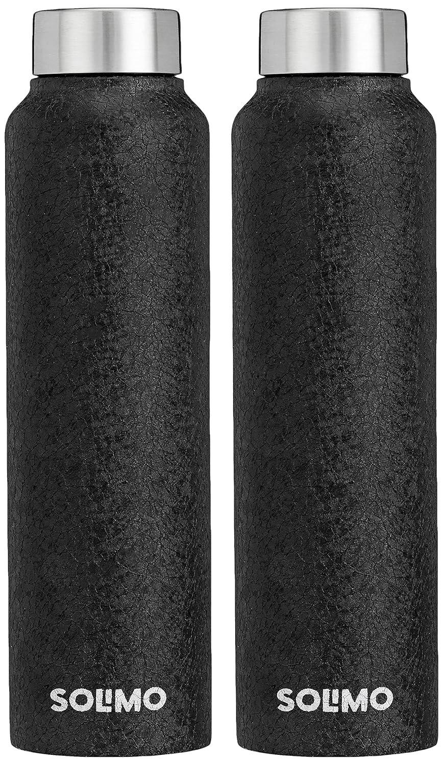 Amazon Brand - Solimo Stainless Steel Fridge Water Bottle | 1000 ml | Textured Black Finish (Set of 2)
