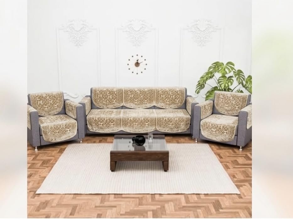 Antique Gold Jacquard 5-Seater Sofa Cover Set Ethnic Mosaic