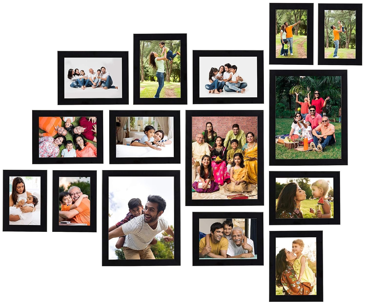 Amazon Brand - Solimo Collage Photo Frames, Set Of 15 (4Pcs - 4X6 Inch, 8Pcs - 5X7 Inch, 3Pcs - 8X10 Inch), Black, Engineered Wood, Oblong, Wall Mount