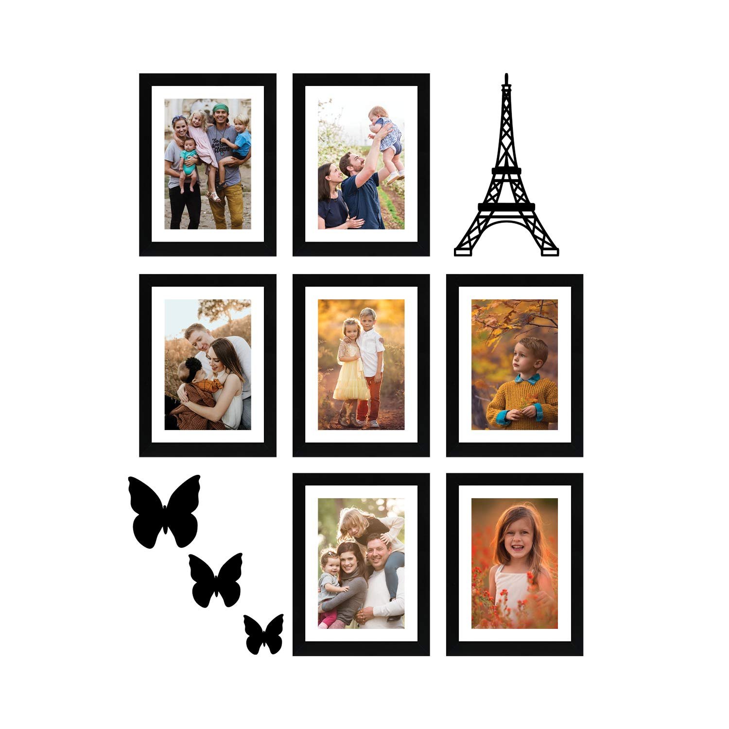 Amazon Brand - Solimo Set of 7 Photo Frames (6 X 8 Inch - 7) With Mount Paper & 3 Butterfly &b1 Eiffel Tower Plaque