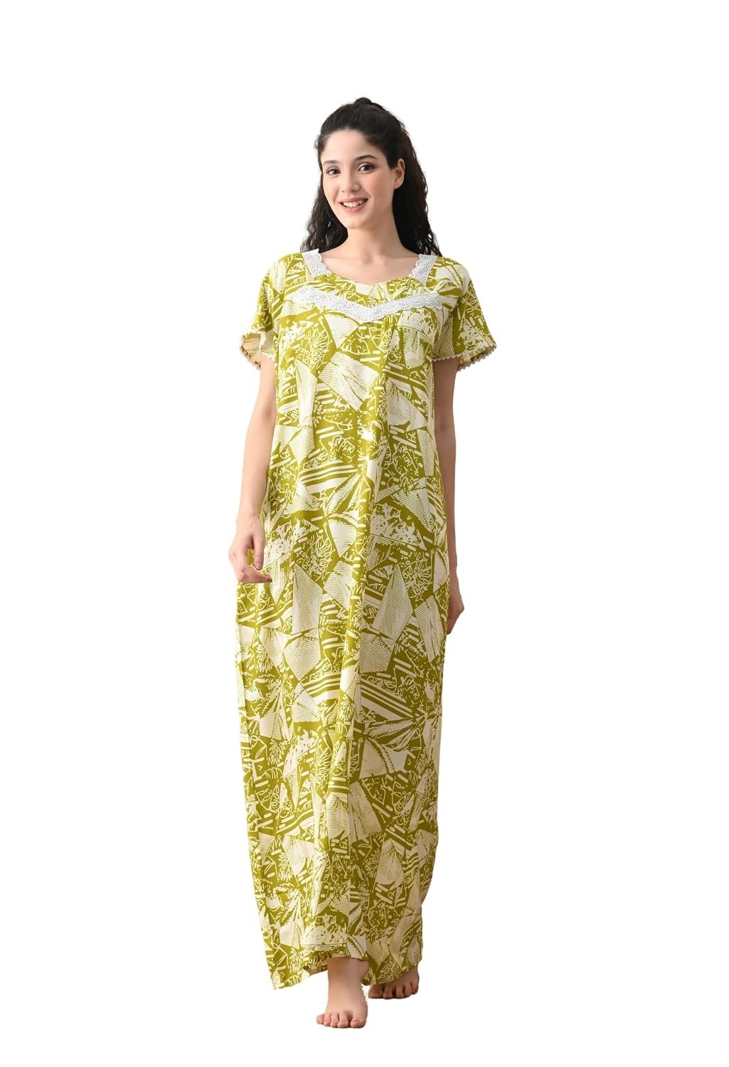 Ichaa Women's Rayon Printed Round-Neck Maxi Nighty with Pocket, in Plus Sizes