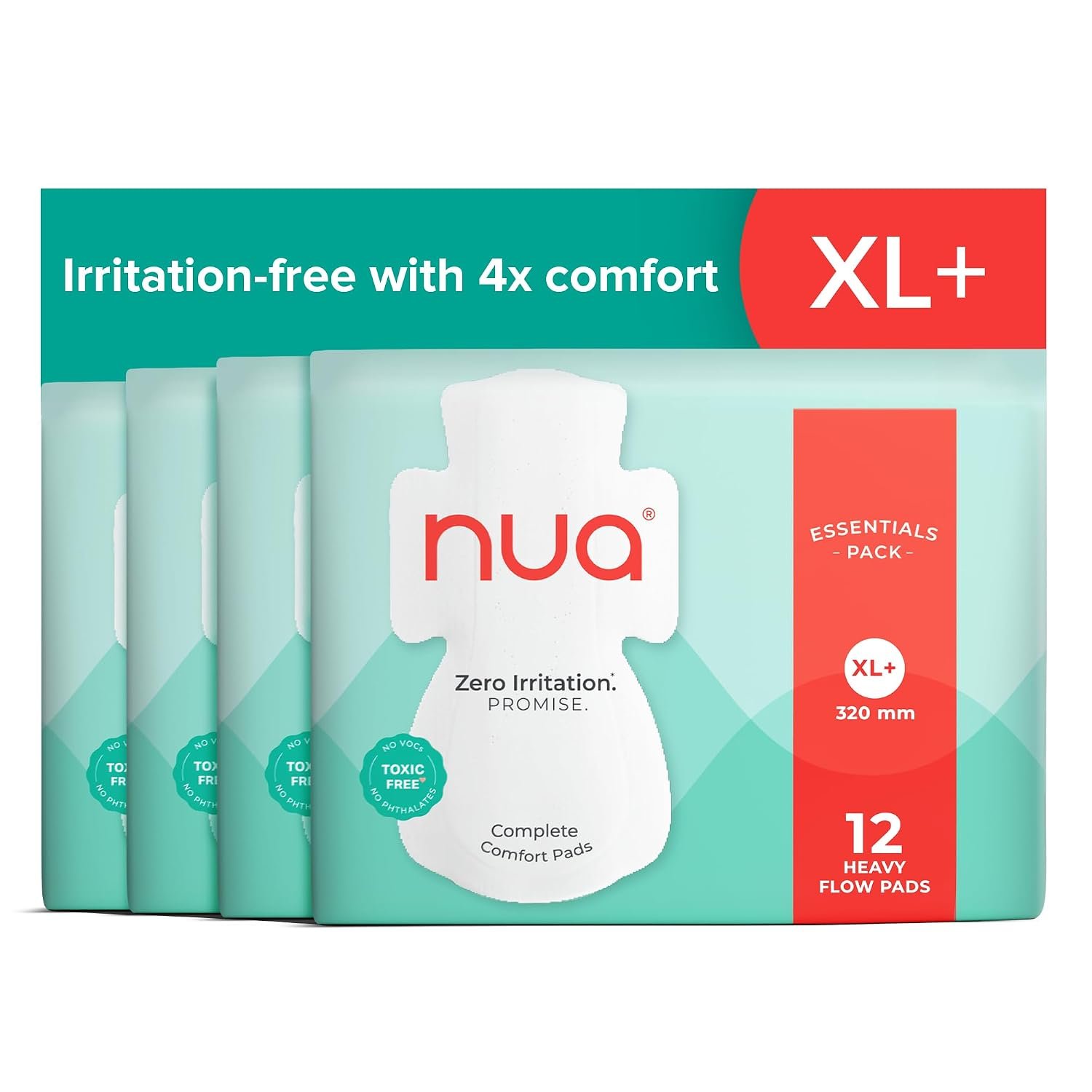 Nua Complete Comfort Sanitary Pads for Women XL+ | Rash-Free Heavy Flow Pads | Safe for Sensitive Skin | Super Saver Family Pack of 4 (48 Pads) | Zero Irritation | Leakproof, Unscented & Toxin-Fre