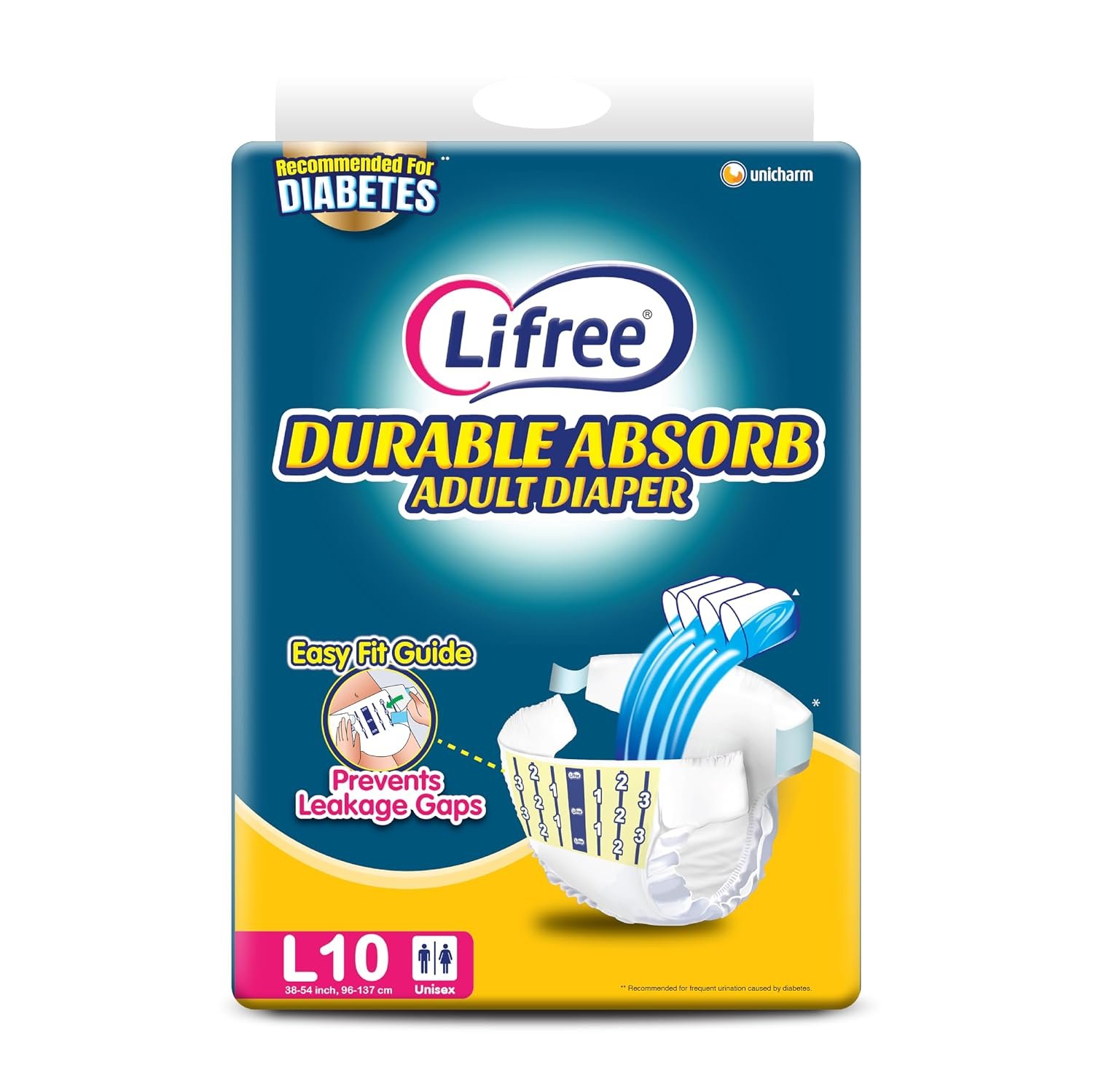 Lifree Durable Absorb Adult Diaper Tape | Size L | 38–54 Inches | Long Hour Protection | Easy Fit Guide | Leakage Guard | Quick Dry Sheet | 10 Count