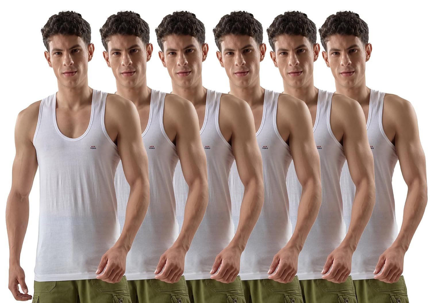 LUX VENUS Men's 100% Cotton Sleeveless Vests | Regular Fit | Round Neck|Anti-Bacterial Finish & Tag-Free Comfort | White, Pack of 6