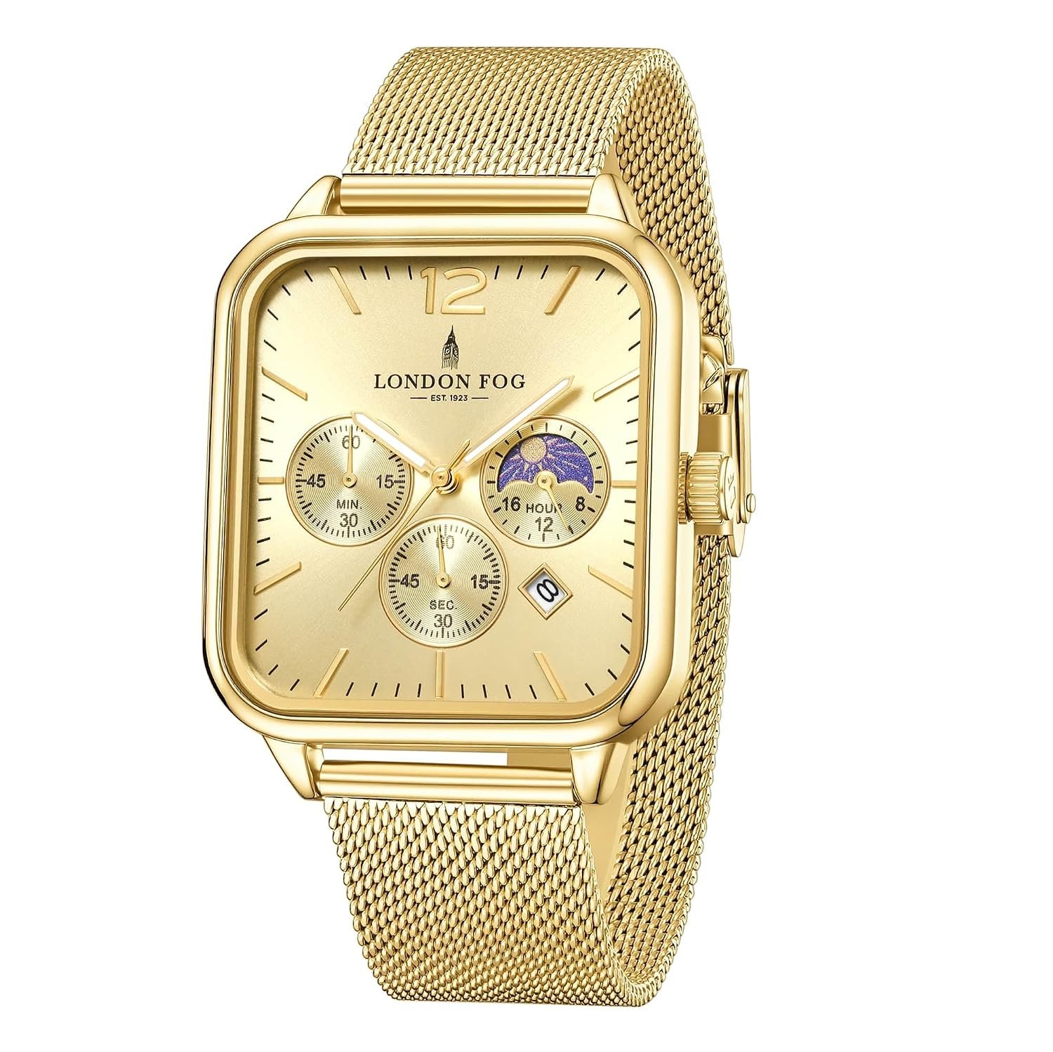 London Fog Hampstead Collection Chronograph Watch for Men with Square Dial, Luminous Hands & Hour Markers, Date Display & Mesh Metal Strap - LFM10007