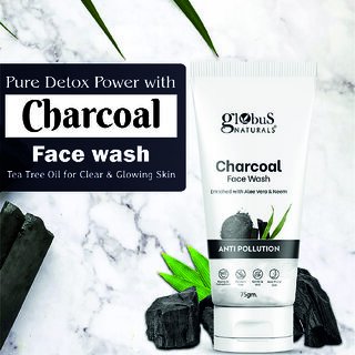 Globus Naturals Anti Pollution Charcoal Face Wash, Enriched with Tea Tree Oil, For Oily & Acne Prone Skin, 75 gm