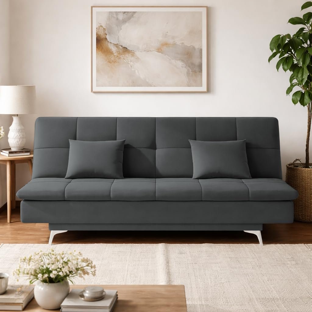 Adorn India Premium New Aspen 3 Seater Sofa Cum Bed 4X6 Velvet Suede with 2 Cushions (Color Dark Grey) and Suitable for All Indoor, with 3 Years Warranty