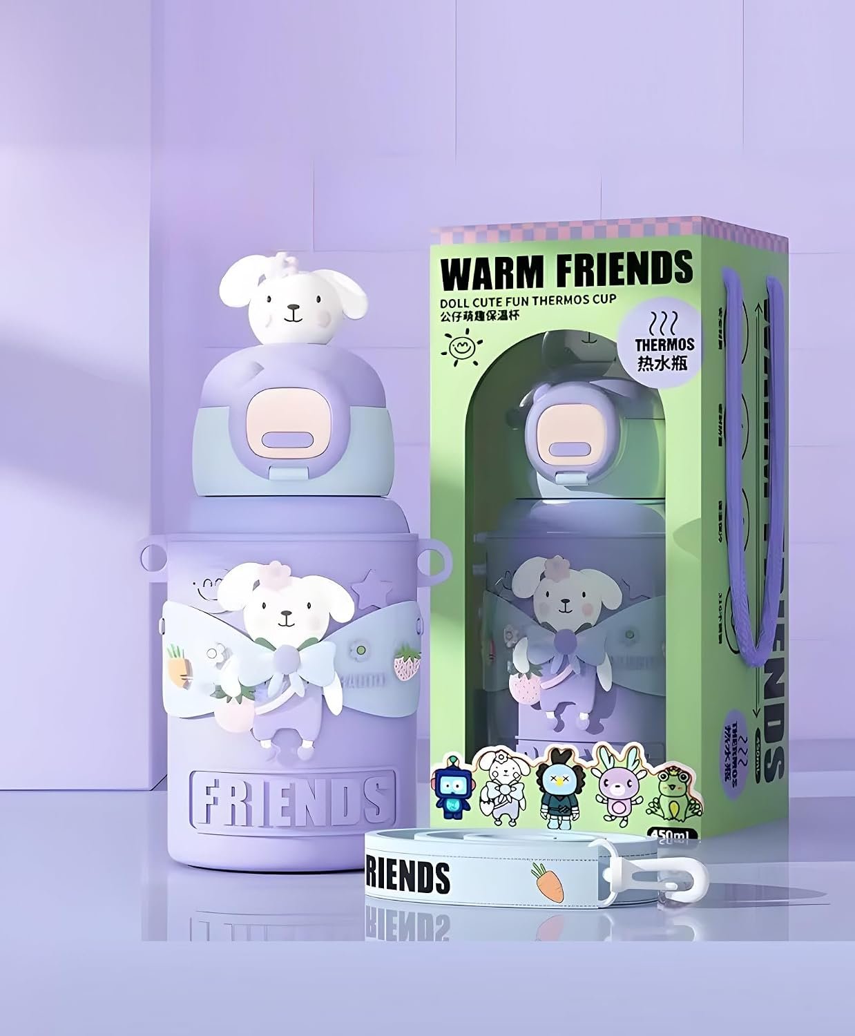 Kids Stainless Steel Insulated Water Bottle with Straw – 450ml Double Wall 316 SS Sipper Flask, Portable School Bottle for Boys & Girls Nursery Travel & Picnic – Purple (Pack of 1)