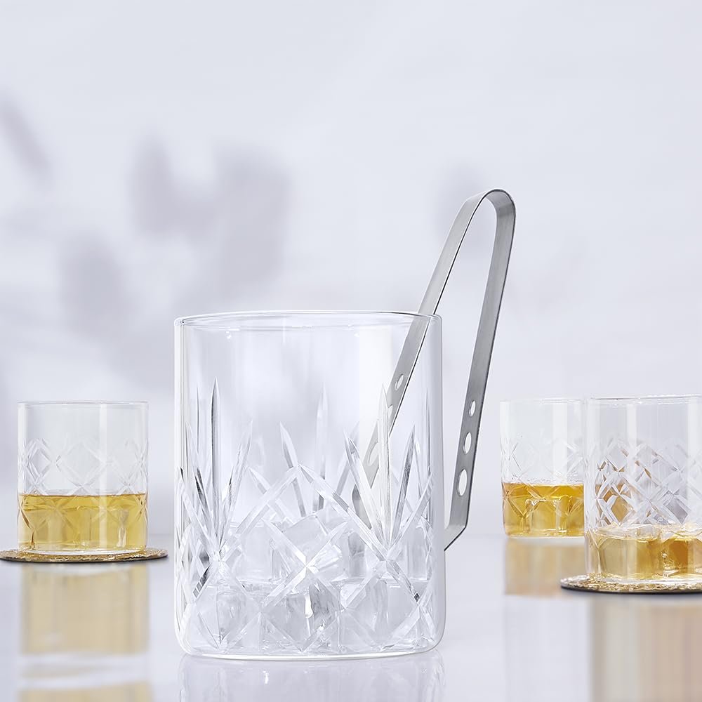 Borosil Bar Set, Borosilicate Glass Hand Etched Mini Bar Range for Drinking Bourbon, Whiskey, Scotch, Cognac | Transparent (Ice Bucket)