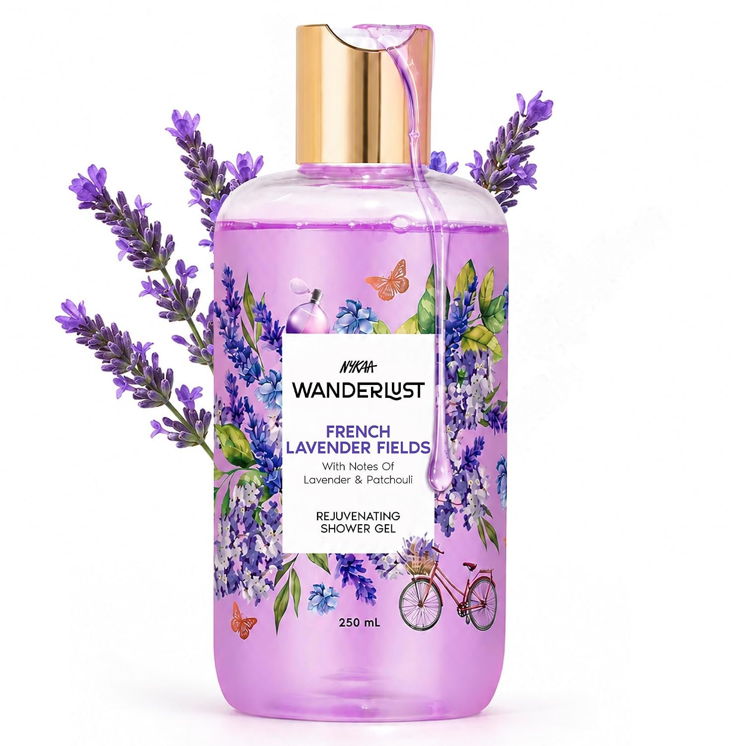 Nykaa Wanderlust French Lavender Relaxing & Destressing Floral Perfume Body Wash, with Patchouli, Vitamin E & Glycerine, Hydrating Shower Gel for Smooth & Soft Skin, Long-lasting Fragrance