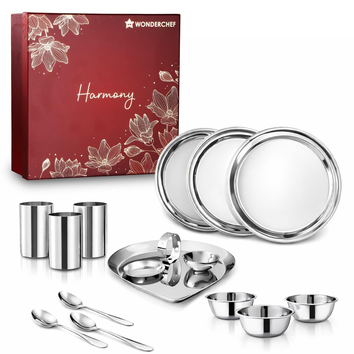 Wonderchef Harmony Premium Wedding Gift & Pooja Set | Plates, Bowls, Glasses, Spoons, Pooja Thali, Diya & Agarbatti Stand | Elegant Red Gift Box for Weddings, Festivals, Housewarmings